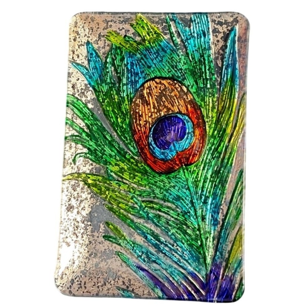 Vintage Fused Glass Peacock Feather Rectangular Plate Wall Art Decor 14in - Picture 1 of 6